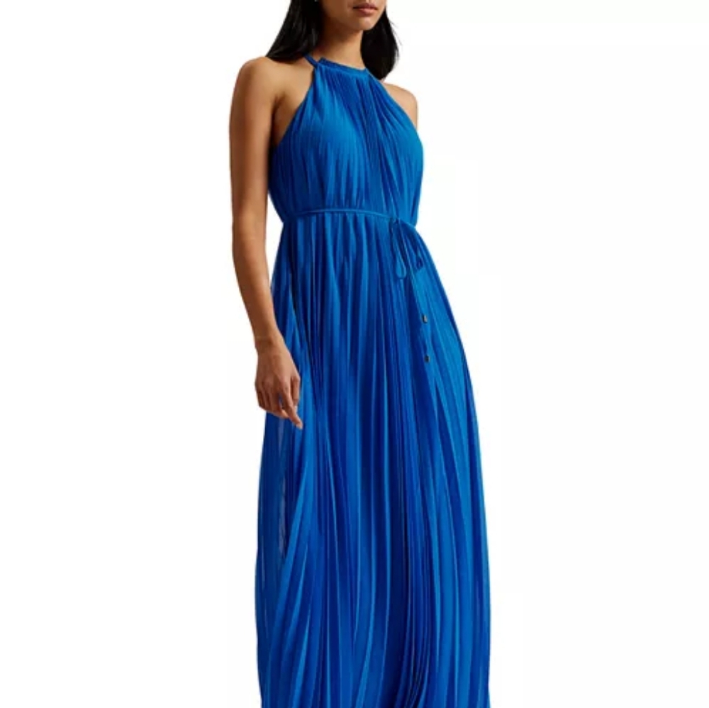 Ted Baker London-Halter Neck Sleeveless Pleated Belted Maxi Dress